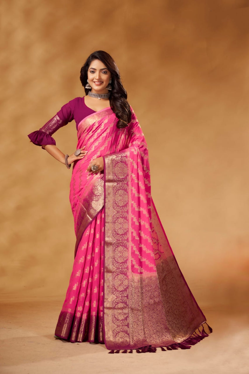 Women's Designer Pink Georgette Saree for Wedding and Rakshabandhan mahezon