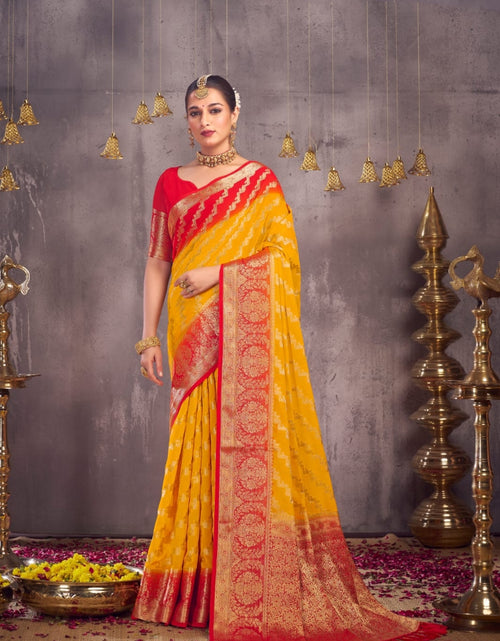 Load image into Gallery viewer, Women&#39;s Designer Yellow Georgette Saree for Wedding and Rakshabandhan mahezon
