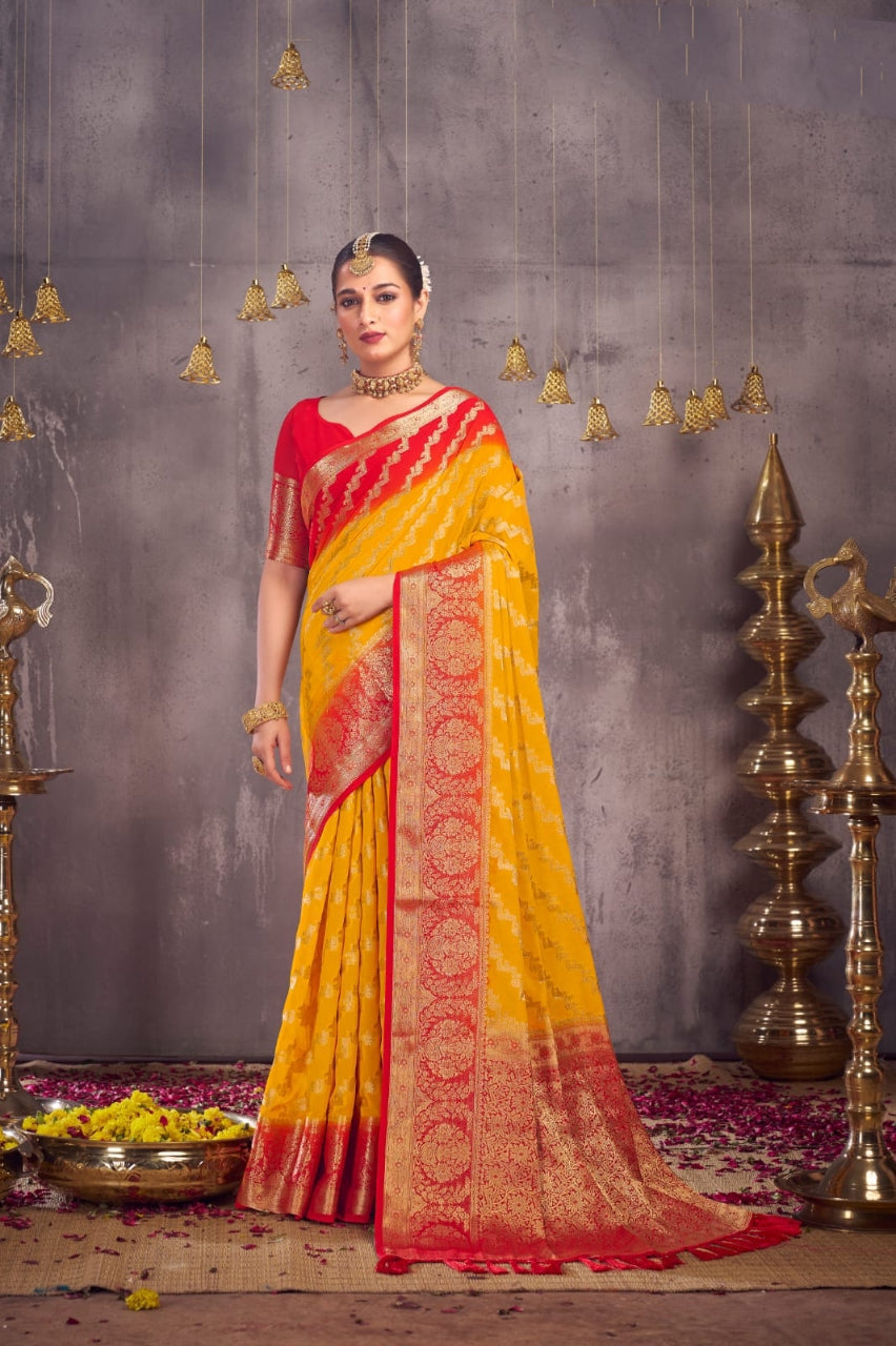 Women's Designer Yellow Georgette Saree for Wedding and Rakshabandhan mahezon