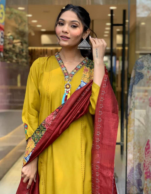 Load image into Gallery viewer, Women Yellow Straight Kurta Pant Dupatta Set mahezon
