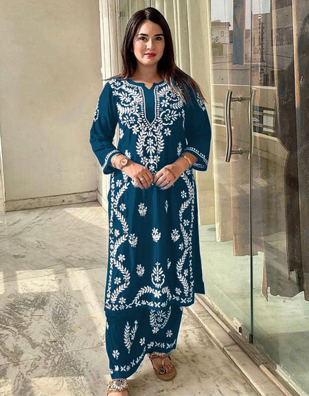 Women's Lucknowi Blue Embroidery Kurta Pant set for Wedding and Raksha bandhan mahezon