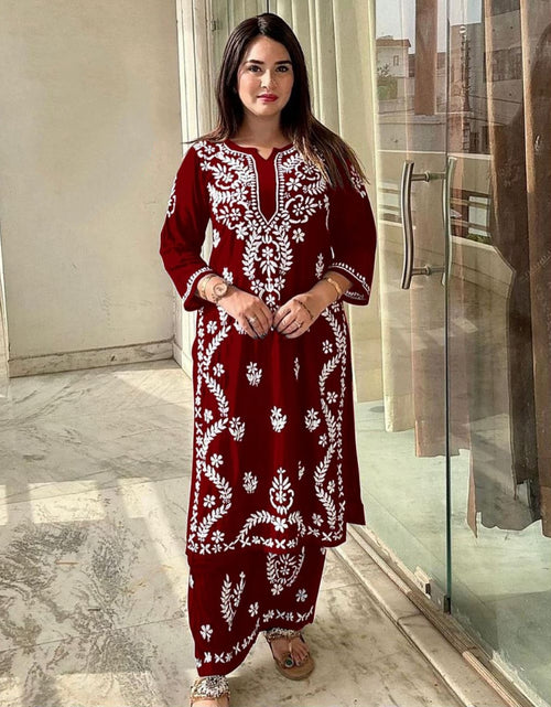 Load image into Gallery viewer, Women&#39;s Lucknowi Maroon Embroidery Kurta Pant set for Wedding and Raksha bandhan mahezon
