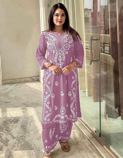 Load image into Gallery viewer, Women&#39;s Lucknowi Purple Embroidery Kurta Pant set for Wedding and Raksha bandhan mahezon
