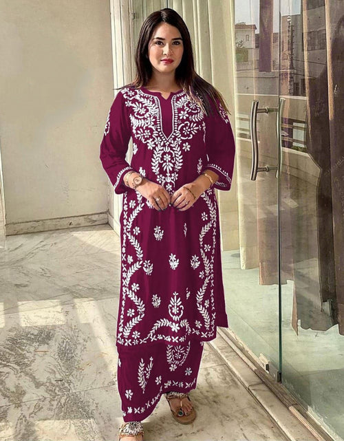 Load image into Gallery viewer, Women&#39;s Lucknowi Wine Embroidery Kurta Pant set for Wedding and Raksha bandhan mahezon
