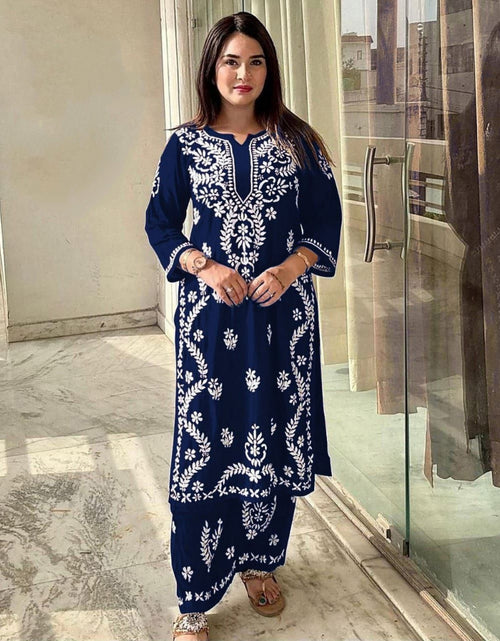 Load image into Gallery viewer, Women&#39;s Lucknowi Navy Blue Embroidery Kurta Pant set for Wedding and Raksha bandhan mahezon
