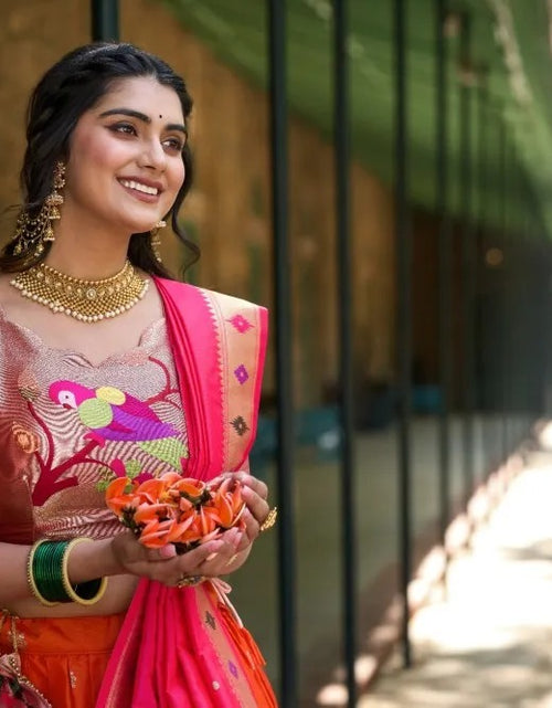 Load image into Gallery viewer, Women Orange Paithani Lehenga Choli Dupatta for Wedding and Raksha Bandhan mahezon
