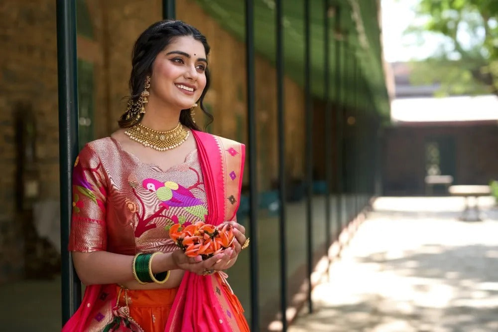 Women Orange Paithani Lehenga Choli Dupatta for Wedding and Raksha Bandhan mahezon