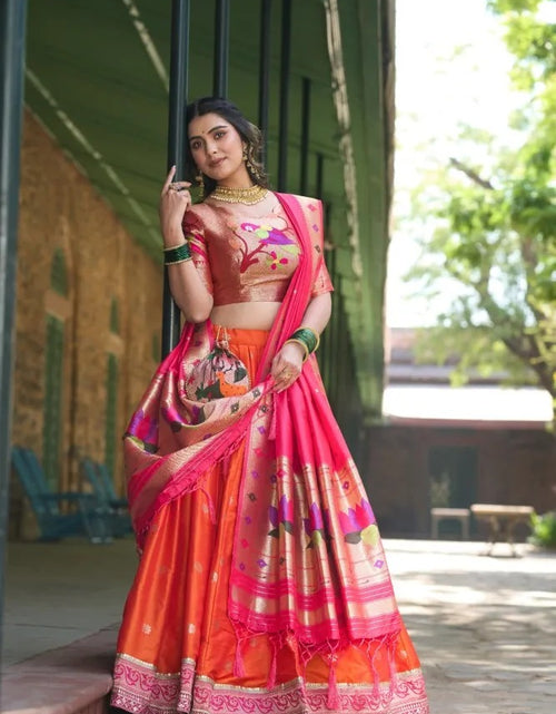 Load image into Gallery viewer, Women Orange Paithani Lehenga Choli Dupatta for Wedding and Raksha Bandhan mahezon
