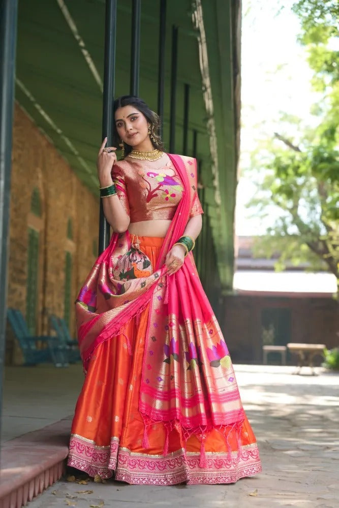 Women Orange Paithani Lehenga Choli Dupatta for Wedding and Raksha Bandhan mahezon