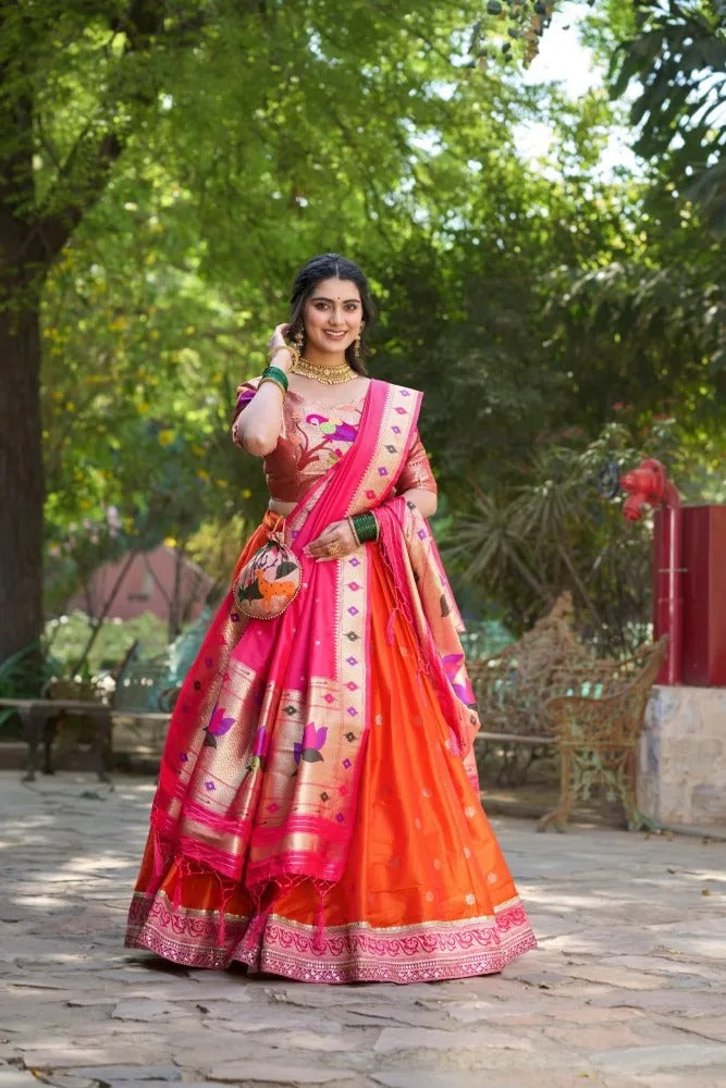 Women Orange Paithani Lehenga Choli Dupatta for Wedding and Raksha Bandhan mahezon