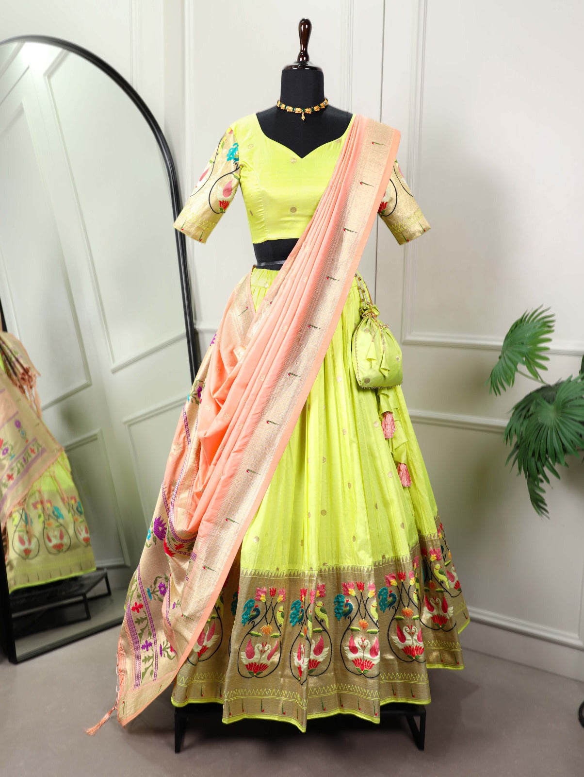 Women Green Paithani Lehenga Choli Dupatta Set for Wedding and Festival mahezon