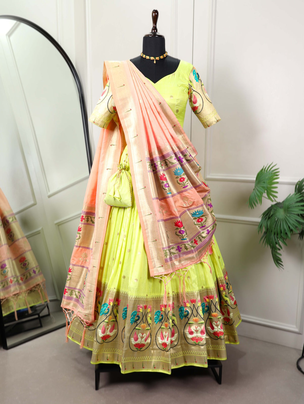 Women Green Paithani Lehenga Choli Dupatta Set for Wedding and Festival mahezon