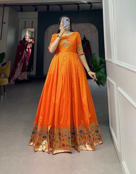 Women Orange Paithani Gown with Dupatta Set for Wedding and Raksha Bandhan mahezon