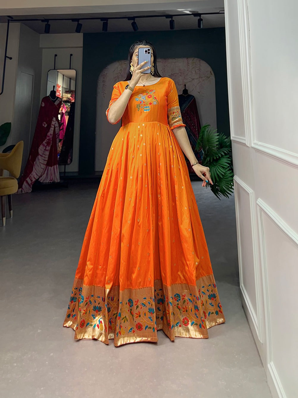 Women Orange Paithani Gown with Dupatta Set for Wedding and Raksha Bandhan mahezon