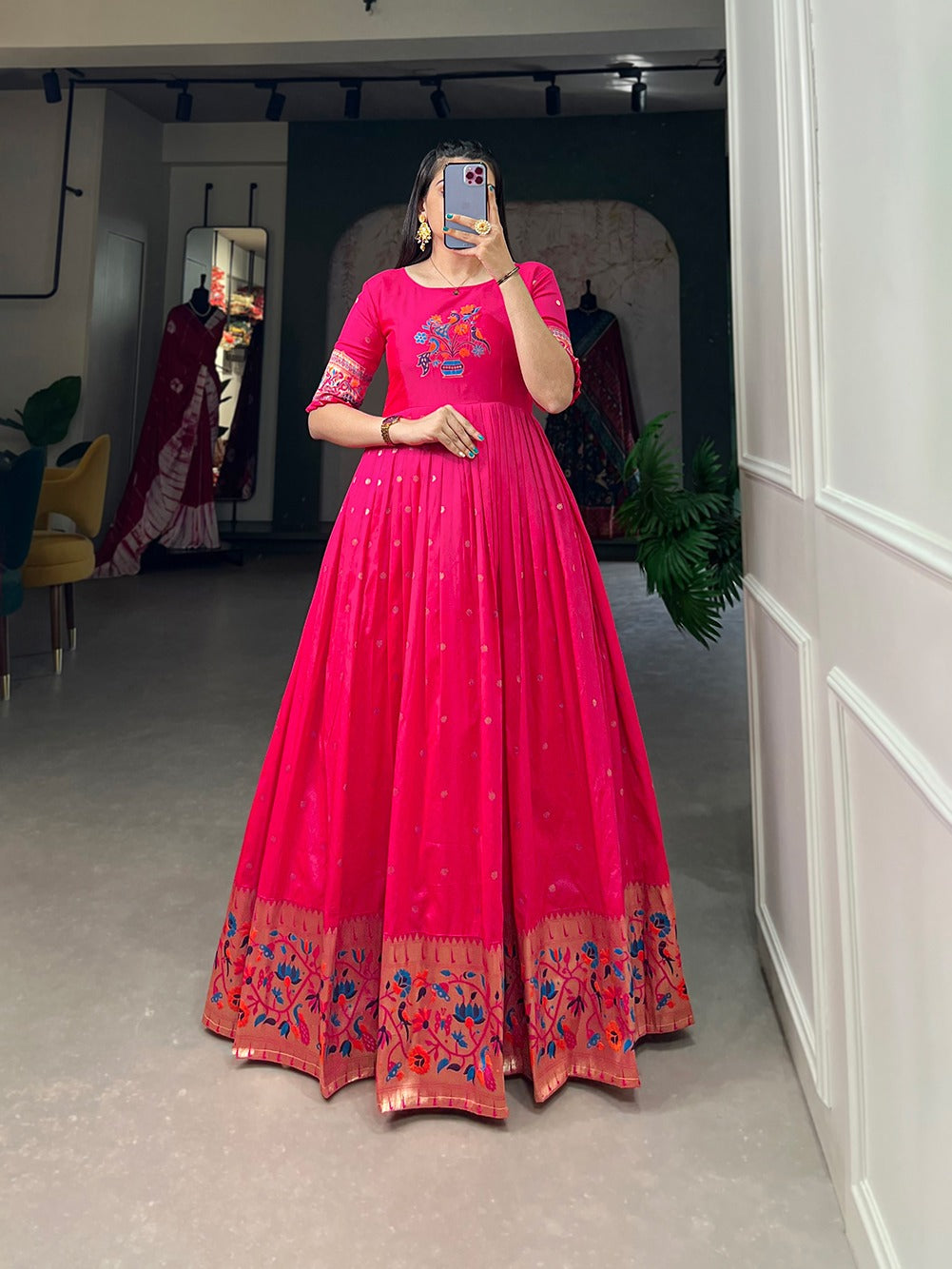One Piece Dress For Diwali Women Traditional Pink Paithani Gown