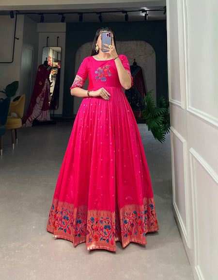 Women Pink Paithani Gown with Dupatta Set for Wedding and Raksha Bandhan mahezon