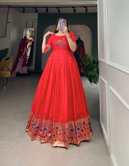 Women Traditional Red Paithani Gown for Wedding and Raksha Bandhan mahezon