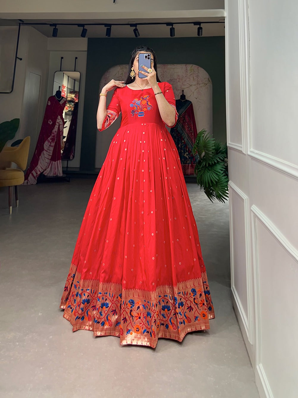 Women Traditional Red Paithani Gown for Wedding and Raksha Bandhan mahezon