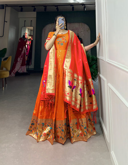 Women Orange Paithani Gown with Dupatta Set for Wedding and Raksha Bandhan mahezon