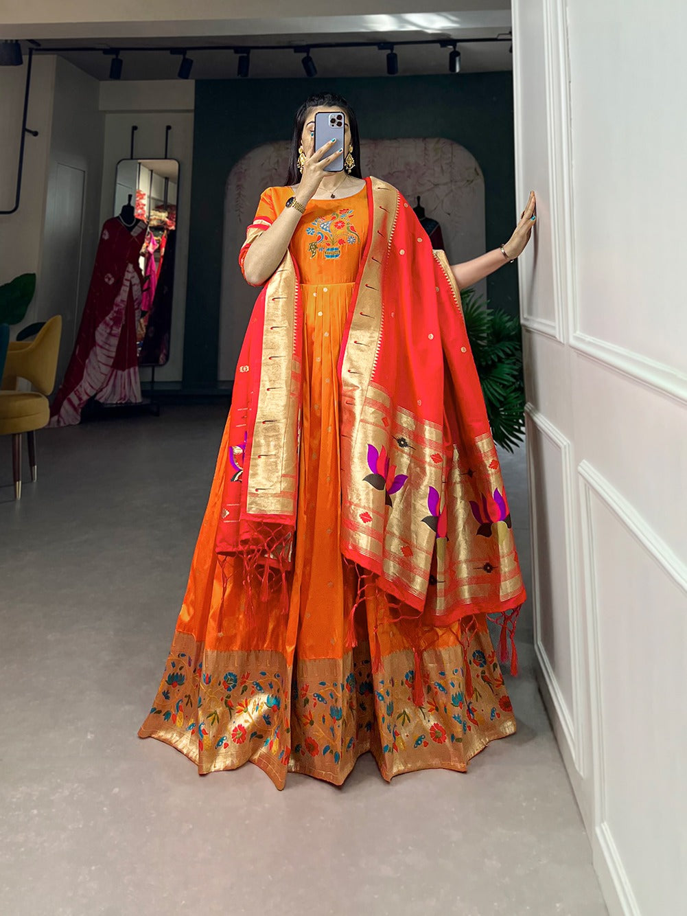 Women Orange Paithani Gown with Dupatta Set for Wedding and Raksha Bandhan mahezon