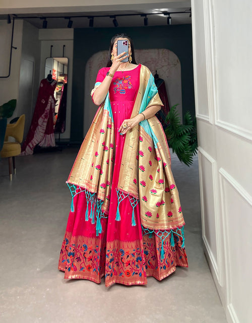 Load image into Gallery viewer, Women Pink Paithani Gown with Dupatta Set for Wedding and Raksha Bandhan mahezon
