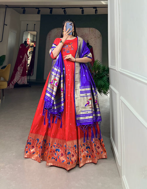 Load image into Gallery viewer, Women Red Paithani Gown with Dupatta Set for Wedding and Raksha Bandhan mahezon
