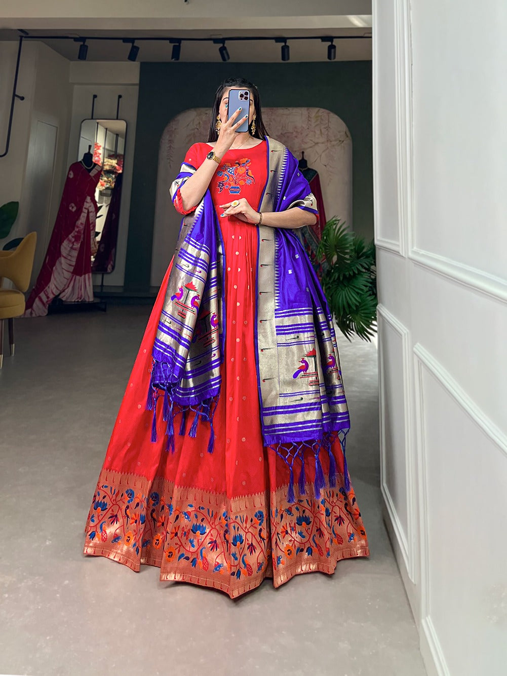 Women Red Paithani Gown with Dupatta Set for Wedding and Raksha Bandhan mahezon