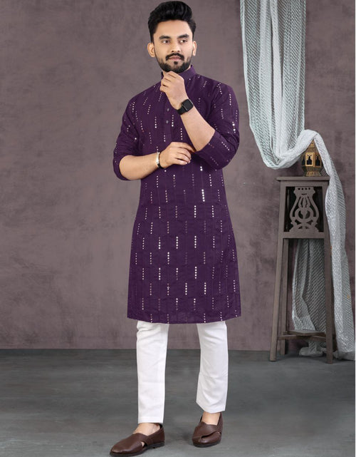 Load image into Gallery viewer, Men Purple Cotton Traditional Kurta Pyjama Set for Wedding and Festival mahezon
