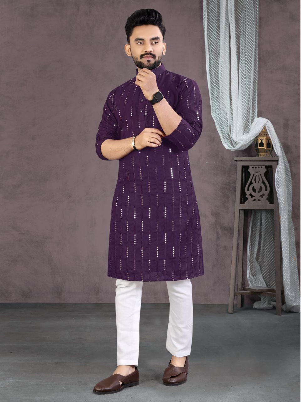 Men Purple Cotton Traditional Kurta Pyjama Set for Wedding and Festival mahezon