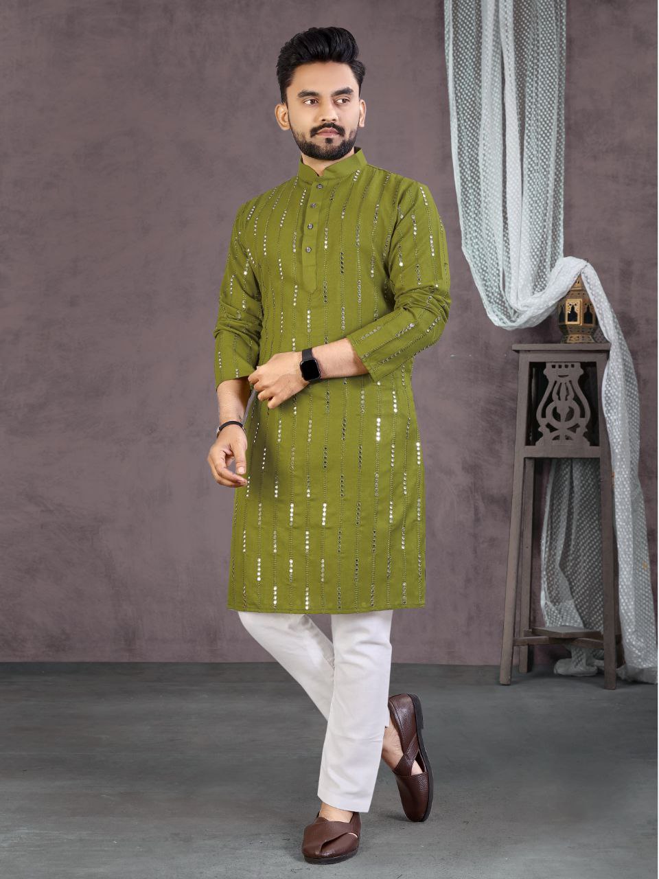 Men Green Cotton Traditional Kurta Pyjama Set for Wedding and Festival mahezon