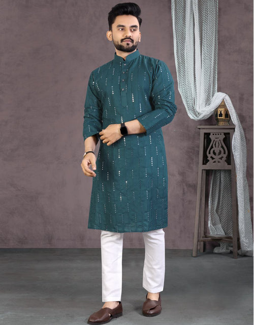 Load image into Gallery viewer, Men Blue Cotton Traditional Kurta Pyjama Set for Wedding and Festival mahezon
