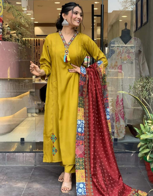 Load image into Gallery viewer, Women Yellow Straight Kurta Pant Dupatta Set mahezon
