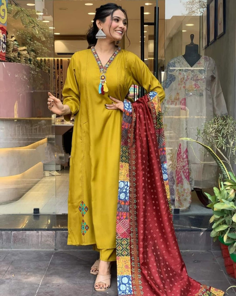 Women Yellow Straight Kurta Pant Dupatta Set mahezon