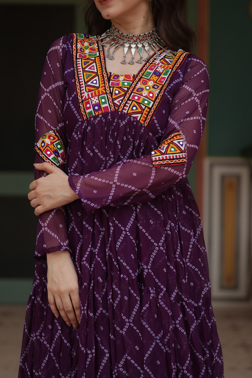 Navratri Traditional Women Purple Bandhani Print Gown mahezon