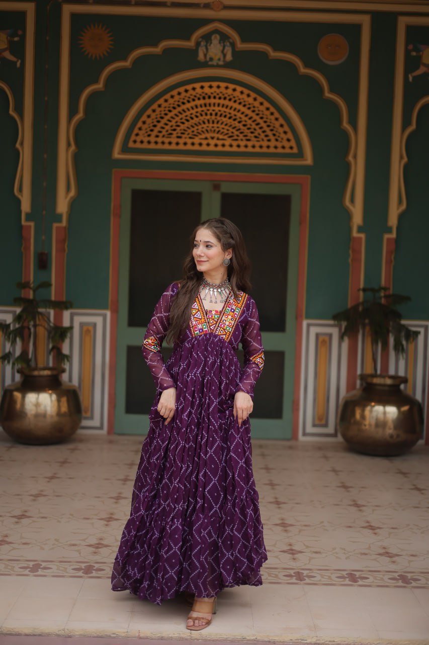 Navratri Traditional Women Purple Bandhani Print Gown mahezon