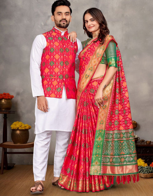 Load image into Gallery viewer, Couples wear Traditional Indian Pink Men Kurta Pajama Koti and Women Saree mahezon
