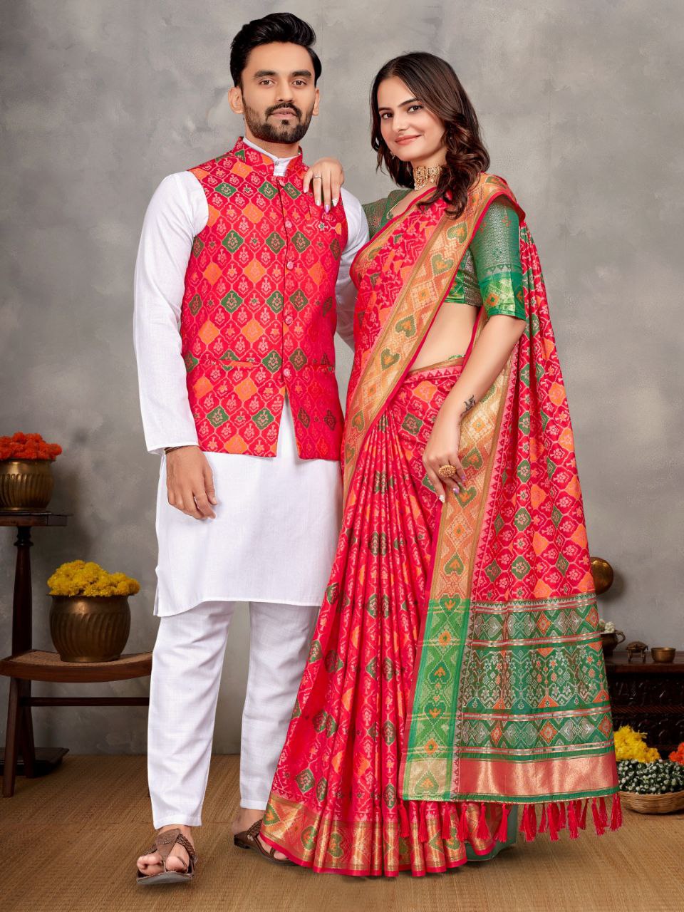 Couples wear Traditional Indian Pink Men Kurta Pajama Koti and Women Saree mahezon