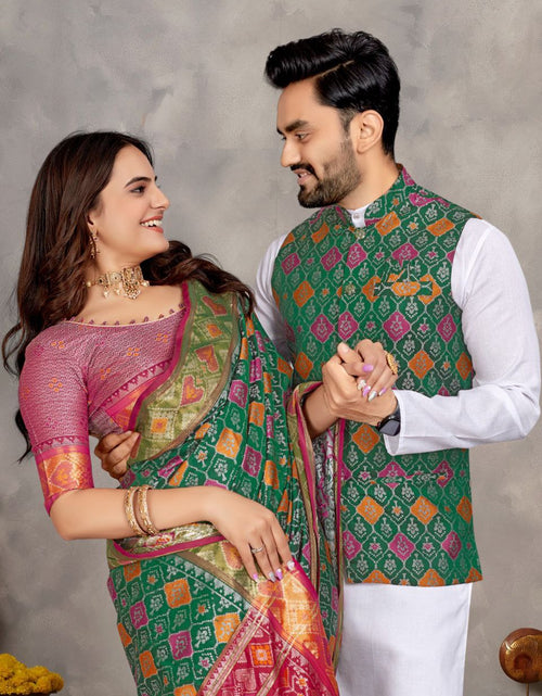 Load image into Gallery viewer, Couples wear Traditional Indian Green Men Kurta Pajama Koti and Women Saree mahezon
