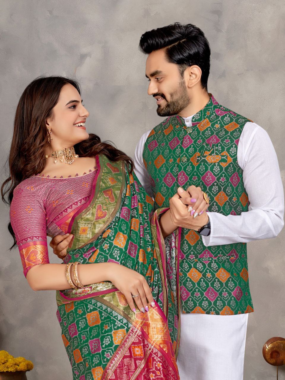 Couples wear Traditional Indian Green Men Kurta Pajama Koti and Women Saree mahezon