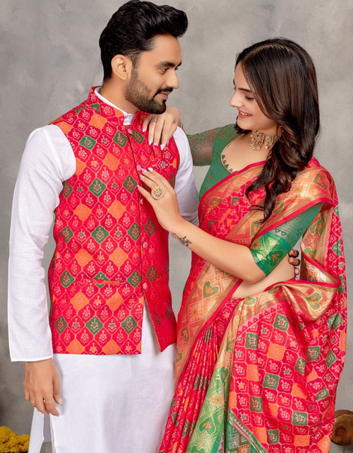 Load image into Gallery viewer, Couples wear Traditional Indian Pink Men Kurta Pajama Koti and Women Saree mahezon
