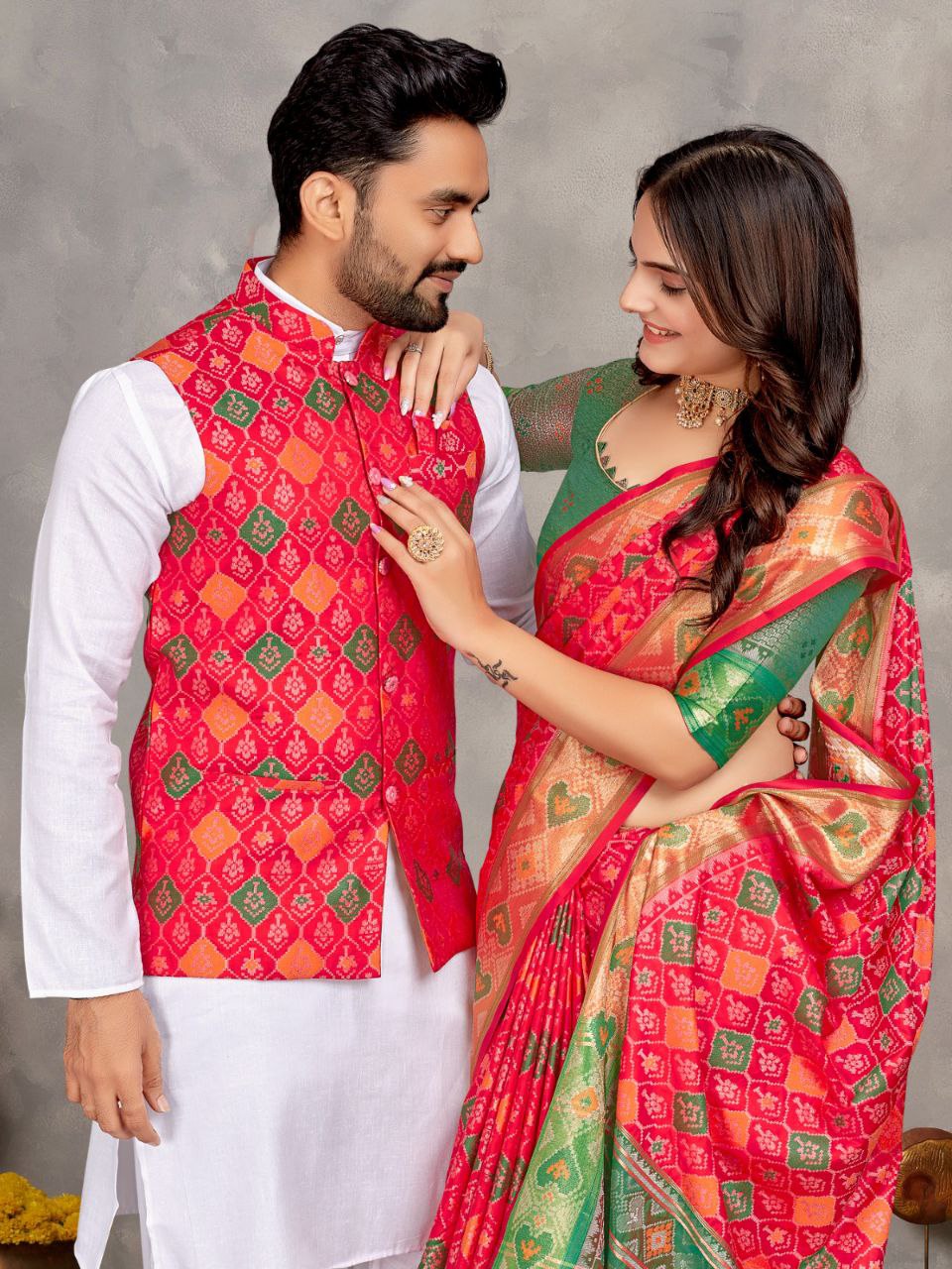 Couples wear Traditional Indian Pink Men Kurta Pajama Koti and Women Saree mahezon