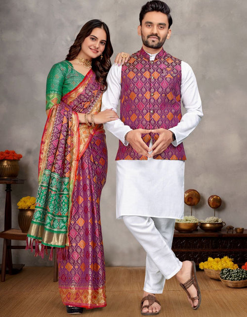 Load image into Gallery viewer, Couples wear Traditional Indian Purple Men Kurta Pajama Koti and Women Saree mahezon
