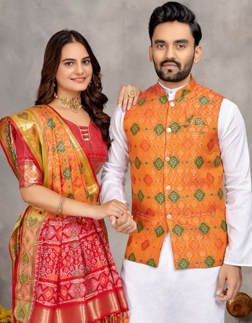 Load image into Gallery viewer, Couple wear Traditional Indian Men Kurta Pajama Koti and Women Saree mahezon
