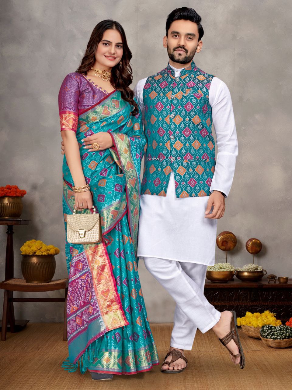 Couples wear Traditional Indian Blue Men Kurta Pajama Koti and Women Saree mahezon