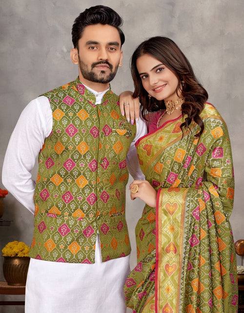 Load image into Gallery viewer, Couples wear Traditional Indian Green Mehendi Men Kurta Pajama Koti and Women Saree mahezon
