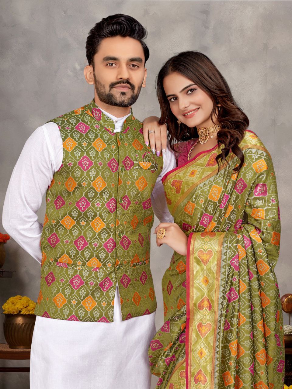 Couples wear Traditional Indian Green Mehendi Men Kurta Pajama Koti and Women Saree mahezon