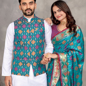 Couples wear Traditional Indian Blue Men Kurta Pajama Koti and Women Saree mahezon