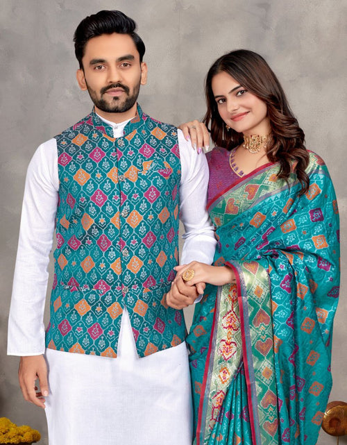 Load image into Gallery viewer, Couples wear Traditional Indian Blue Men Kurta Pajama Koti and Women Saree mahezon
