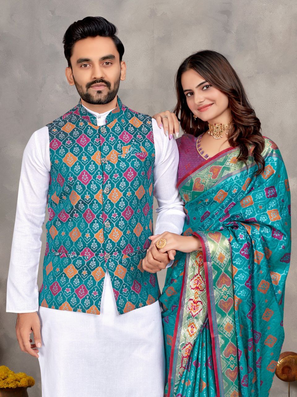 Couples wear Traditional Indian Blue Men Kurta Pajama Koti and Women Saree mahezon