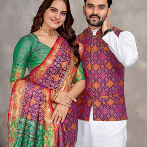 Couples wear Traditional Indian Purple Men Kurta Pajama Koti and Women Saree mahezon